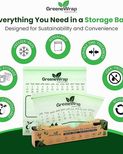 Compostable Gallon Size Zip Bags 25 Count Extra Thick 2 mil Resealable, Leak-Proof, Freezer Safe Disposable Food Storage Bags, BPI and OK Compost Home Certified, ASTM D6400