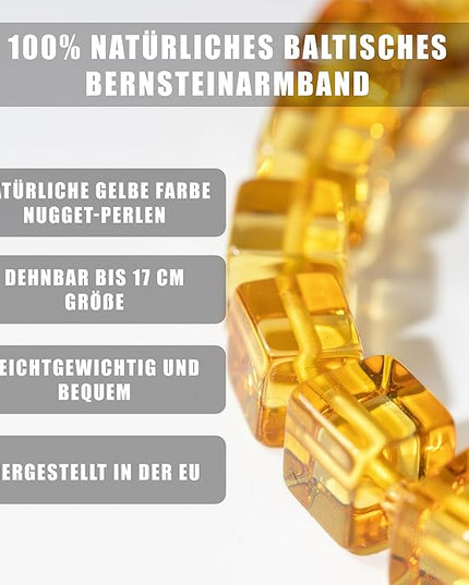 Natural Baltic Amber Bracelet for Women and Men – Stretch Wristband with Polished Cube Beads, Lightweight Unisex Jewelry Gift for Daily and Casual Wear