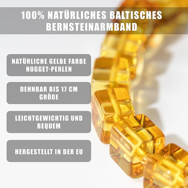 Natural Baltic Amber Bracelet for Women and Men – Stretch Wristband with Polished Cube Beads, Lightweight Unisex Jewelry Gift for Daily and Casual Wear