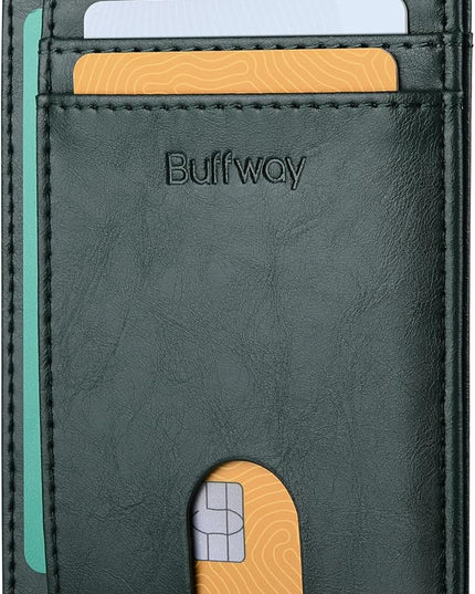 Buffway Slim Minimalist Front Pocket RFID Blocking Leather Wallets for Men and Women - Alaska Green