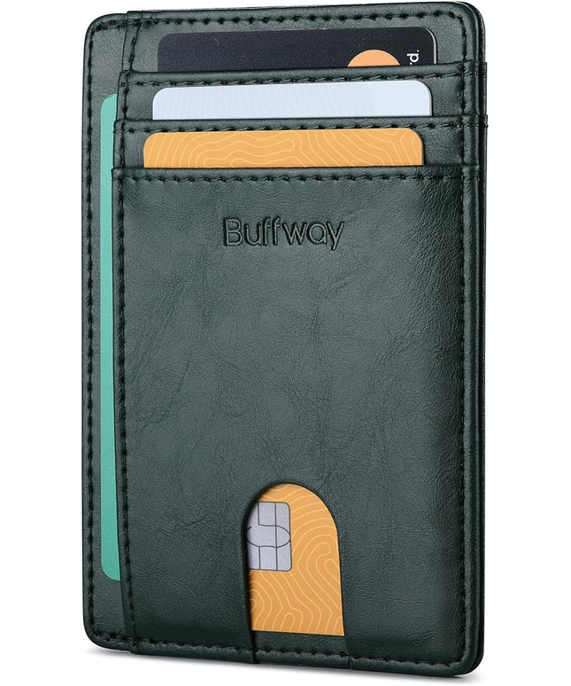 Buffway Slim Minimalist Front Pocket RFID Blocking Leather Wallets for Men and Women - Alaska Green