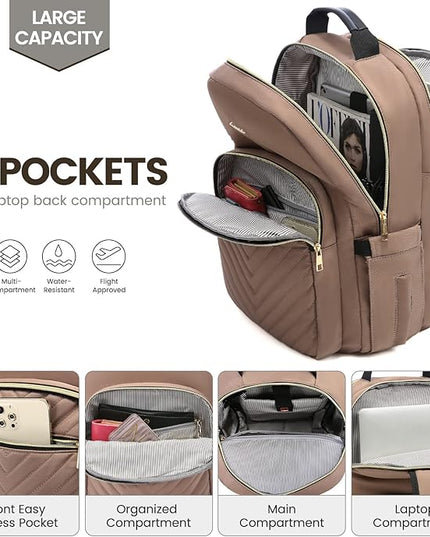 LOVEVOOK Laptop Backpack for Women 17.3 inch,Cute Womens Travel Backpack Purse,Professional Laptop Computer Bag,Waterproof Work Business College Teacher Bags Carry on Backpack with USB Port,Brown