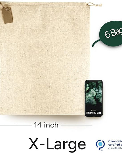 LEAFICO Cotton Storage Bags – X-Large 14x17 Inch (6-Pack) – Reusable Muslin Bags with Drawstrings – Biodegradable Canvas Fabric Sacks – Perfect for Bread, Bulk Produce, Potatoes, Onions, Shoes
