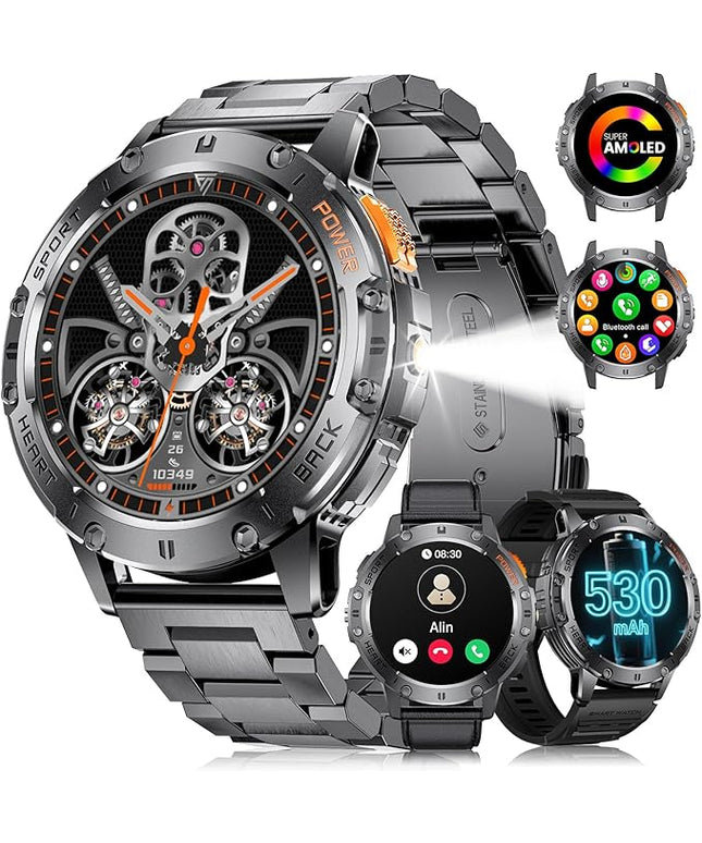 LIGE 1.43" AMOLED Smart Watch for Men with Flashlight, Bluetooth Calling, 100+ Sport Modes, 530mAh, IP68 Waterproof Fitness Tracker for Workout, iOS Android Compatible, Black Steel Black Silicone