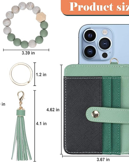 Keychain Wallet with Bracelet RFID Blocking Wristlet Credit Purse Card Holder, Silicone Bead Tassel Key Ring for Women