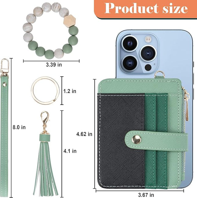 Keychain Wallet with Bracelet RFID Blocking Wristlet Credit Purse Card Holder, Silicone Bead Tassel Key Ring for Women