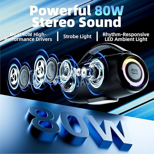 HEAVY BASS Speakers Bluetooth Wireless, 80W Max Loud Portable Speaker with Bass, 20H Playtime, IPX6 Waterproof, Dual Pairing, Gift Ideal for Adults Men Women Teen Boys Girls (Black, Large)