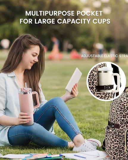 LOVEVOOK Laptop Backpack for Women with Pouch Pocket for Large Capacity Cup,15.6 Inch Laptop Computer Bag Travel Backpack Purse,Waterproof Work Business Backpack College Teacher Bags,Leopard print