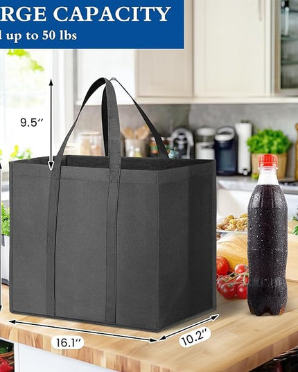 WISELIFE Reusable Grocery Shopping Bags 10 Pack Large Foldable Tote Bags Bulk, Long Handle for Shopping Groceries Clothes (Dark Grey & Black)