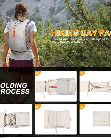 FIORETTO 15L Hiking Backpack for Women Men Mini Packable Backpack Lightweight Small Daypack for Camping Travel Outdoor, Beige