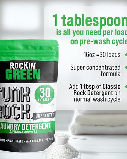 Rockin' Green Laundry Detergent, Plant based, All Natural Laundry Detergent Powder, Vegan and Biodegradable Odor Fighter, Safe for Sensitive Skin (Funk Rock Ammonia Bouncer 30 Loads - Unscented)