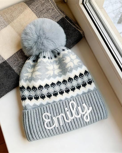 Personalized Beanie for Women Custom Knit with Name, Winter Hat with Pom Pom, Soft Lined Warm Hat, Birthday Gift