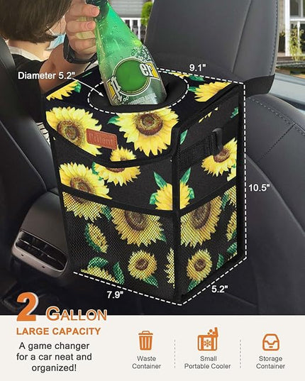 Car Trash Can with Lid, Cute Leakproof Car Trash Garbage Bag Hanging Vehicle Trash Bin Small Portable Automotive Garbage Cans Organizer for Back/Front Seat/Console(Trapezoid,Sunflower)