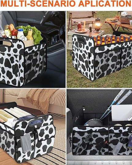 Trunk Organizer for Car, 72L Collapsible Waterproof Car Organizers and Storage, Car Accessories for Women and Men, Multi-Compartment Storage Organizer for SUV, Cow Print