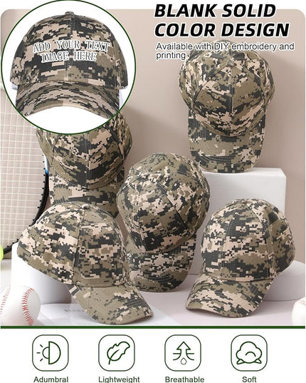 Handepo 24 Pcs Blank Baseball Cap Adjustable Back Strap Plain Blank Camouflage Hat Unisex Baseball Cap for Trucker Men Women