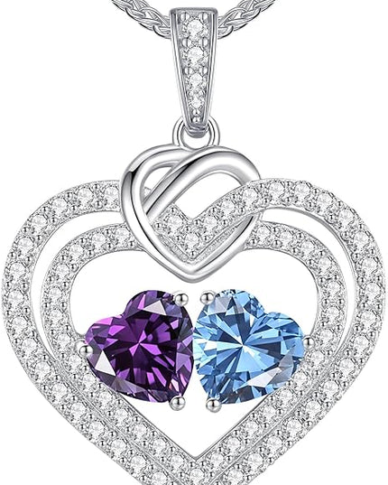 LOUISA SECRET Sparkling Double Heart Birthstone Necklaces for Women, 925 Sterling Silver Fine Jewelry, Pendant Heart Necklaces Birthday Anniversary Christmas Gift for Women Wife Mom Girlfriend Lady