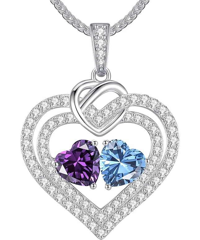 LOUISA SECRET Sparkling Double Heart Birthstone Necklaces for Women, 925 Sterling Silver Fine Jewelry, Pendant Heart Necklaces Birthday Anniversary Christmas Gift for Women Wife Mom Girlfriend Lady