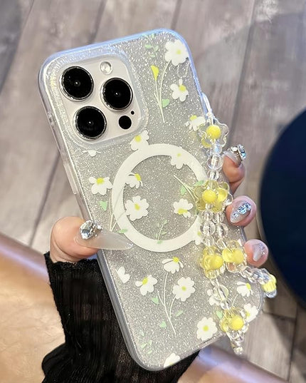 Compatible with iPhone 13 Pro Cases Cute Bling Sparkly Floral Phone case,Flower with Wrist Strap Design, Compatible MagSafe Silicone Shockproof Phone case for Women and Teenage Girls.