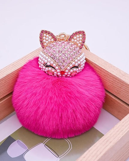 Faux Rabbit Fur Ball Pom Pom Keychain with Fox Head Studded with pearl Rhinestone for Womens Bag Car Key Decoration
