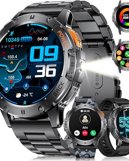 LIGE 1.43" AMOLED Smart Watch for Men with Flashlight, Bluetooth Calling, 100+ Sport Modes, 530mAh, IP68 Waterproof Fitness Tracker for Workout, iOS Android Compatible, Black Steel Camouflage Silicone