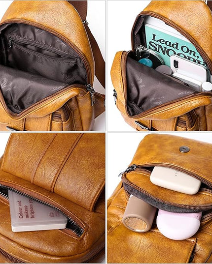 Peicees Leather Sling Bag For Women Waterproof Crossbody Bag Chest Bag Fashionable Small Backpack Purse For Travel Hiking