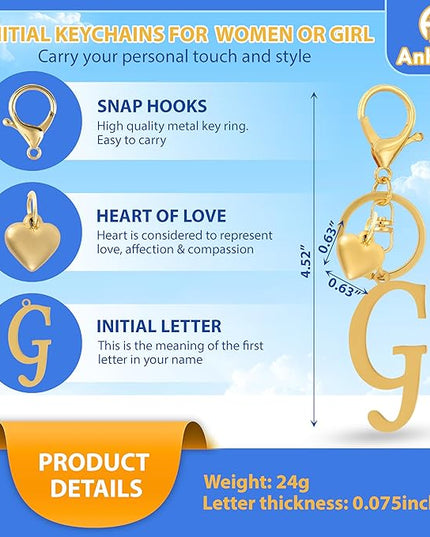 A-Z Heart Initial Letter Keychain, Stainless Steel Alphabet Charm for Handbags, Gift for Women and Girls