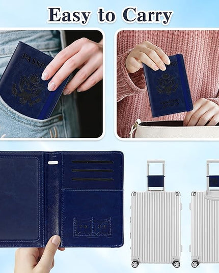 Passport Holder for Travel, RFID Blocking Passport Cover with Pen Holder Leather Passport Wallet Case Travel Must Haves Accessories Passport Book Card Holder for Family Travel Essentials, Dark Blue