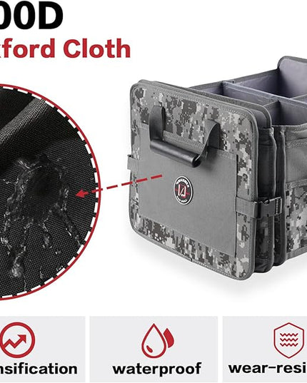 LIBZAKI Car Trunk Organizer,3 Compartments Big Trunk Storage, Large Capacity, Foldable, 95L Heavy Duty Storage Box for Car, SUV, Truck,Jeep, Includes 26L Cooler Bag -Gray Camouflage
