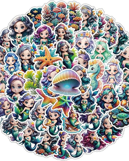 Cute Mermaid Vinyl Stickers, 50 PCS Waterproof Mermaid Ocean Fantasy Decals for Laptops, Scrapbooking, Journals, Water Bottles, Phones, Notebooks & DIY Decor