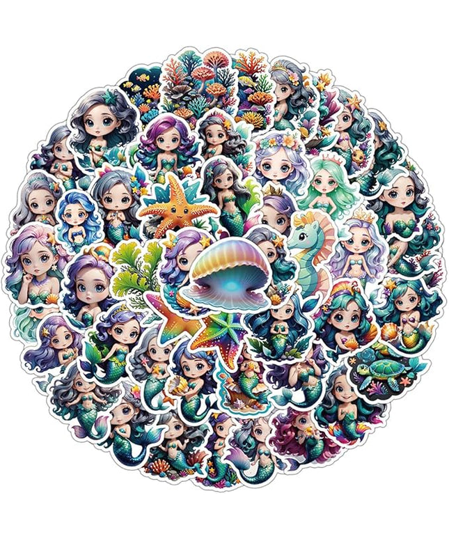 Cute Mermaid Vinyl Stickers, 50 PCS Waterproof Mermaid Ocean Fantasy Decals for Laptops, Scrapbooking, Journals, Water Bottles, Phones, Notebooks & DIY Decor