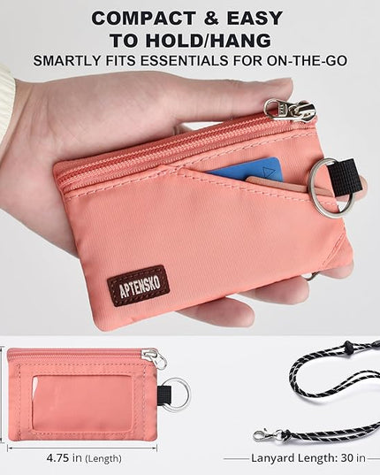 RFID Travel Wallet with Adjustable Lanyard-Zipper Small Wallet with ID Card Holder, Keychain for women&men-Minimalist Slim Waterproof Nylon case for ID, Cash, Key (Coral Blush)