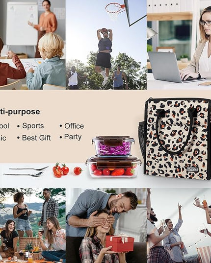 Fmeida Lunch bag, Insulated Lunch Bag for Women Adult Large Lunch Box Container, Reusable Leakproof Cooler Lunch Bags, Fashion Leopard Lunch Tote for Office Work Picnic Beach Travel
