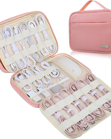 Lacdo Cord Organizer Travel, Cable Organizer Bag Case, Portable Electronics Organizer Travel Case, 6 Layer Large Capacity Charging Cords Storage organizer for Cables, SD Card, Travel Essentials, Pink