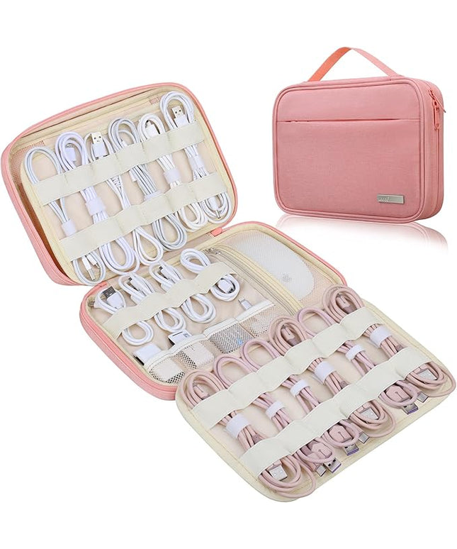 Lacdo Cord Organizer Travel, Cable Organizer Bag Case, Portable Electronics Organizer Travel Case, 6 Layer Large Capacity Charging Cords Storage organizer for Cables, SD Card, Travel Essentials, Pink