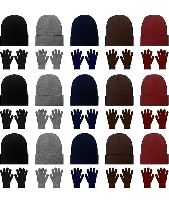 LYDTICK 30 Pack Winter Beanie Hats & Gloves Bulk for Men Women, Wholesale Cold Weather Warm Cozy Gift