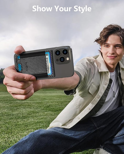 Phone Wallet Stick On, Phone Wallet with Adjustable Stand, Open ID Window, 8-Card Holder, Stronger 3M Adhesive Credit Card Holder for Back of Phone Case, iPhone, Samsung and Android, Carbon Fiber