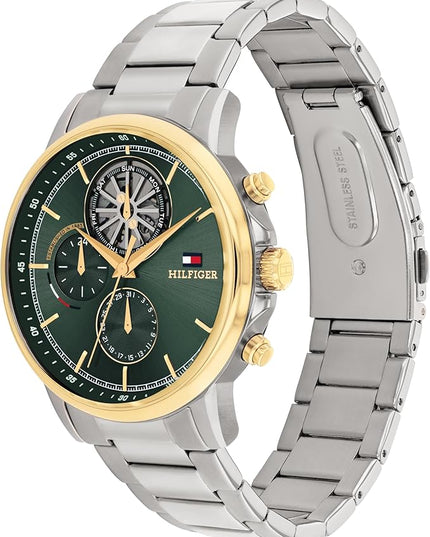 Tommy Hilfiger Men's Multifunction Quartz Watch – 44mm Stainless Steel Case, Double-Layer Dial, Link Bracelet, Skeleton-Inspired Design - Gift for Him