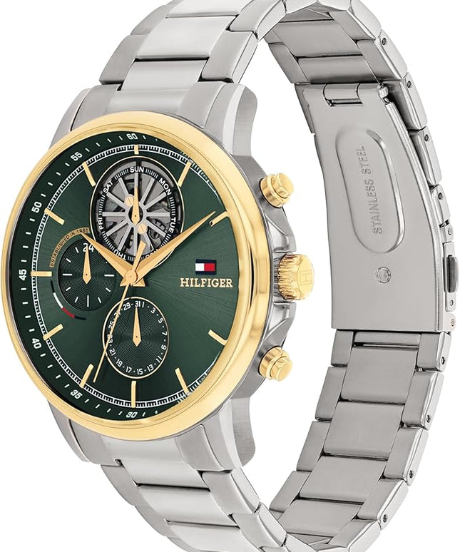 Tommy Hilfiger Men's Multifunction Quartz Watch – 44mm Stainless Steel Case, Double-Layer Dial, Link Bracelet, Skeleton-Inspired Design - Gift for Him