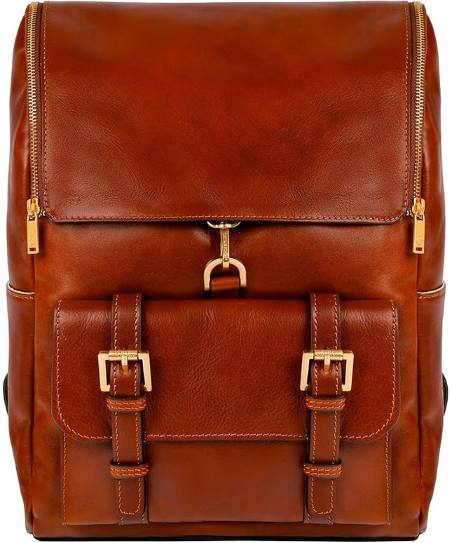 Time Resistance Leather Backpack - Laptop Travel Bag Rucksack up to 15” - Bag for Men and Women (Cognac Brown)