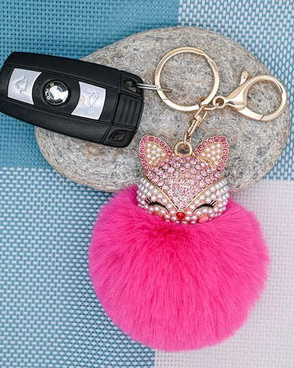 Faux Rabbit Fur Ball Pom Pom Keychain with Fox Head Studded with pearl Rhinestone for Womens Bag Car Key Decoration