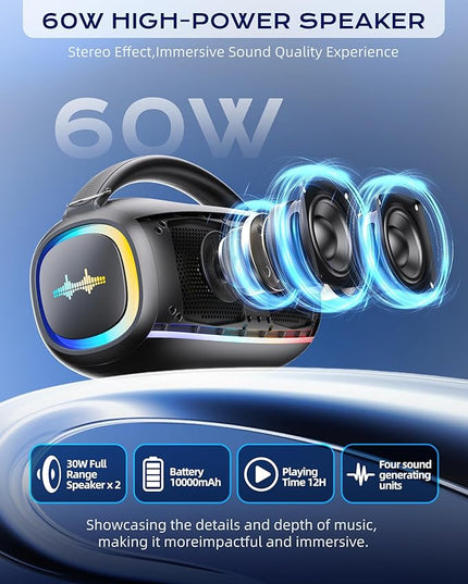 Portable Bluetooth Wireless,60W Loud Speaker with Bass,12H Playtime,IPX5 Waterproof,Stereo Loud Sound,Deep Bass,for Pool,Work,Beach,Outdoor,Workshop,Gift Portable Speaker with TWS (Black)
