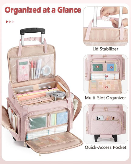 Rolling Teacher Bag with 15.6" Laptop Compartment, Wheeled Work Briefcase Tote with Detachable Trolley for Women, Pink