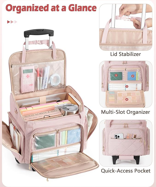 Rolling Teacher Bag with 15.6" Laptop Compartment, Wheeled Work Briefcase Tote with Detachable Trolley for Women, Pink