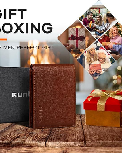 RUNBOX Wallet for Men Slim Leather Bifold RFID Blocking Minimalist Front Pocket Design with Gift Box
