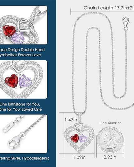 LOUISA SECRET Sparkling Double Heart Birthstone Necklaces for Women, 925 Sterling Silver Fine Jewelry, Pendant Heart Necklaces Birthday Anniversary Christmas Gift for Women Wife Mom Girlfriend Lady