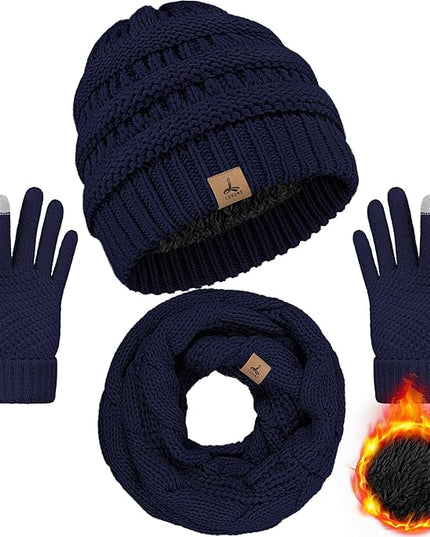 Winter Beanie Hat Scarf Gloves, Warm Fleece Knit Hats Touch Screen Gloves Neck Scarf Set Winter Gifts for Unisex Adult