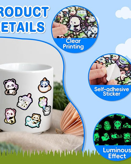Glow in The Dark Neon Panda Water Bottle Stickers for Kids，75 Pcs Cartoon Animal Vinyl Laptop Decals, Teens Girls Boys Adults Phone Case Skateboard Luggage Decor