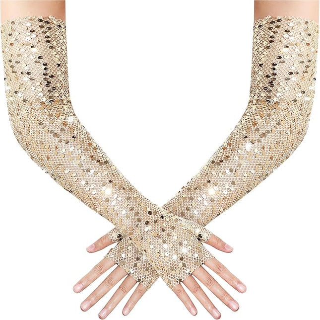 BABEYOND Opera Gloves for Women - Long Fingerless Sequin Sparkling Glitter Gloves Tea Party Stretchy Adult Size Elbow Length