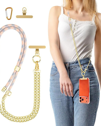 Universal Phone Strap, Metal Cell Phone Chain & Bule Pink Braided Phone Lanyard Combination for iPhone 17, 16 Series and Most Smartphones, Stylish and Durable, Bule Pink