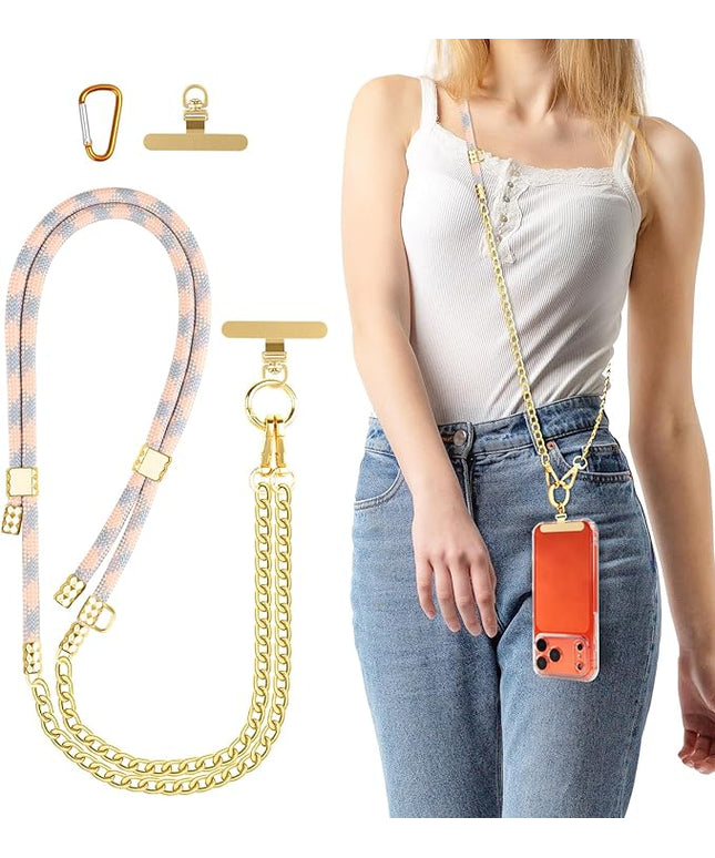 Universal Phone Strap, Metal Cell Phone Chain & Bule Pink Braided Phone Lanyard Combination for iPhone 17, 16 Series and Most Smartphones, Stylish and Durable, Bule Pink